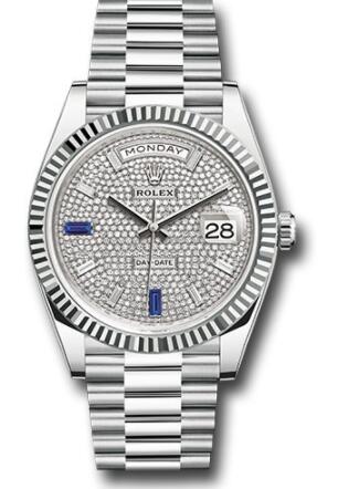 Replica Rolex Platinum Day-Date 40 Watch 228236 Fluted Bezel Diamond And Sapphire Paved Diamond Dial President Bracelet